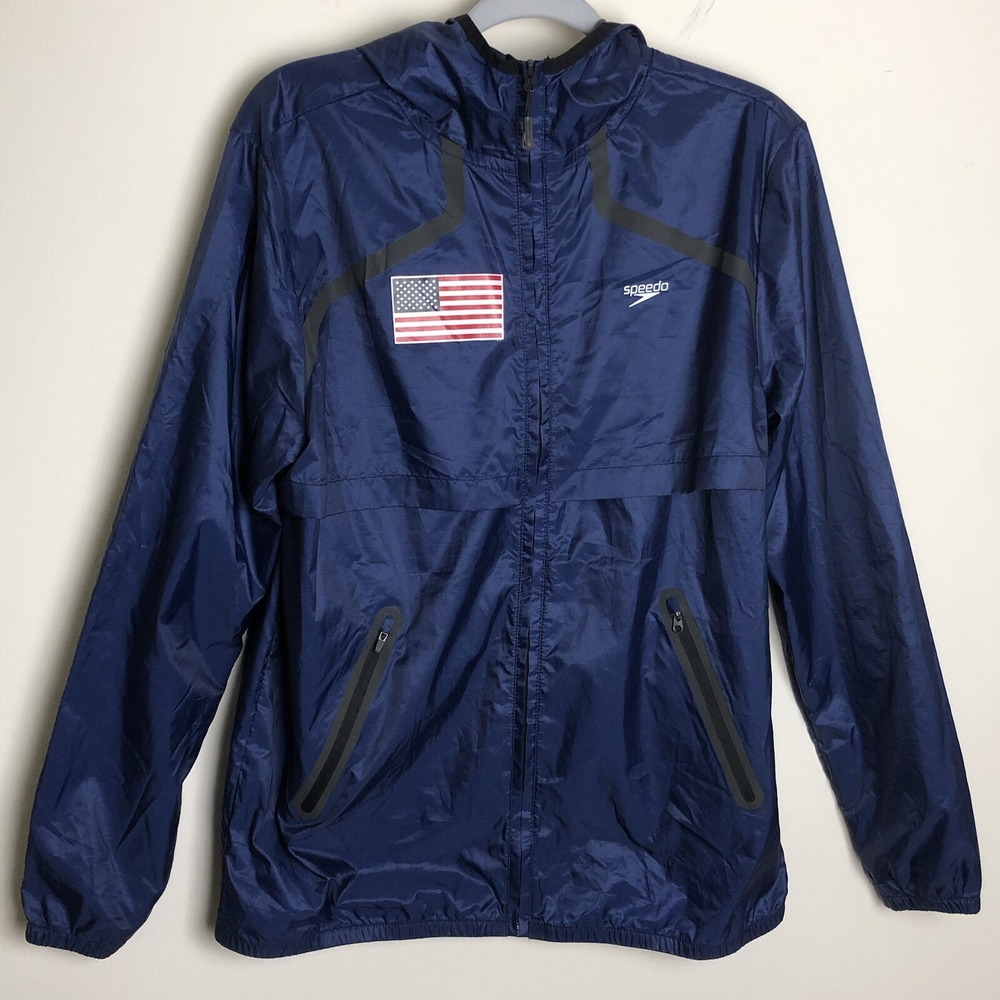 Speedo USA Light Weight Woven Hooded  Windbreaker Jacket Navy Mens Sz Small